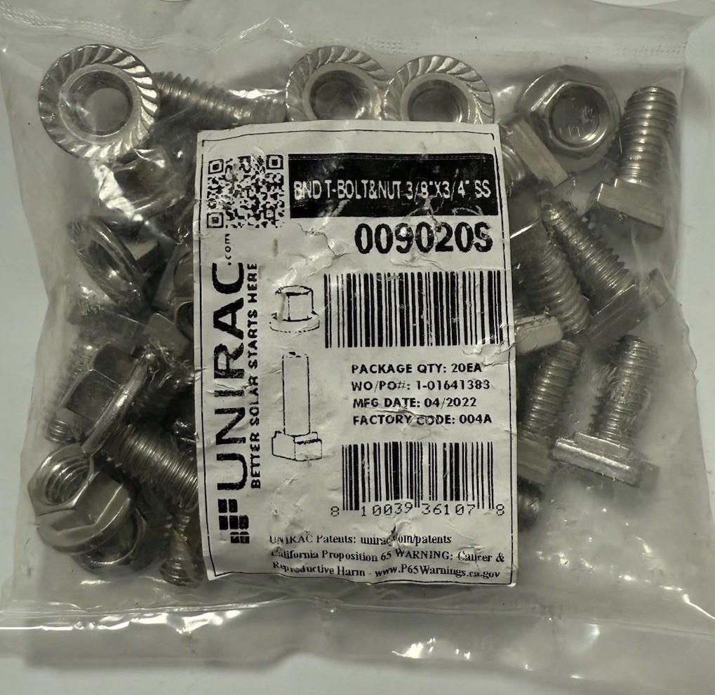 Unirac 009020S SolarMount Bonding T-Bolt & Nut, 3/8" x 3/4", SS. 1 Ea. 20 Pack gallery