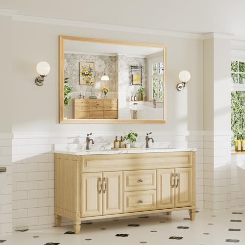 60x40 Inch Bathroom Mirror for Wall, Anti-Rust Wood Grain Metal 60"L x 40"W Oak gallery