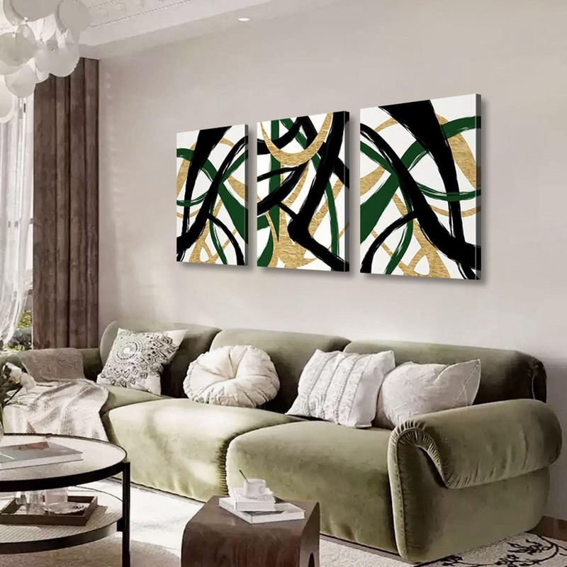3Pcs Framed work Abstract Lines Canvas Wall Art Modern Black, Green, Gold Geo... gallery