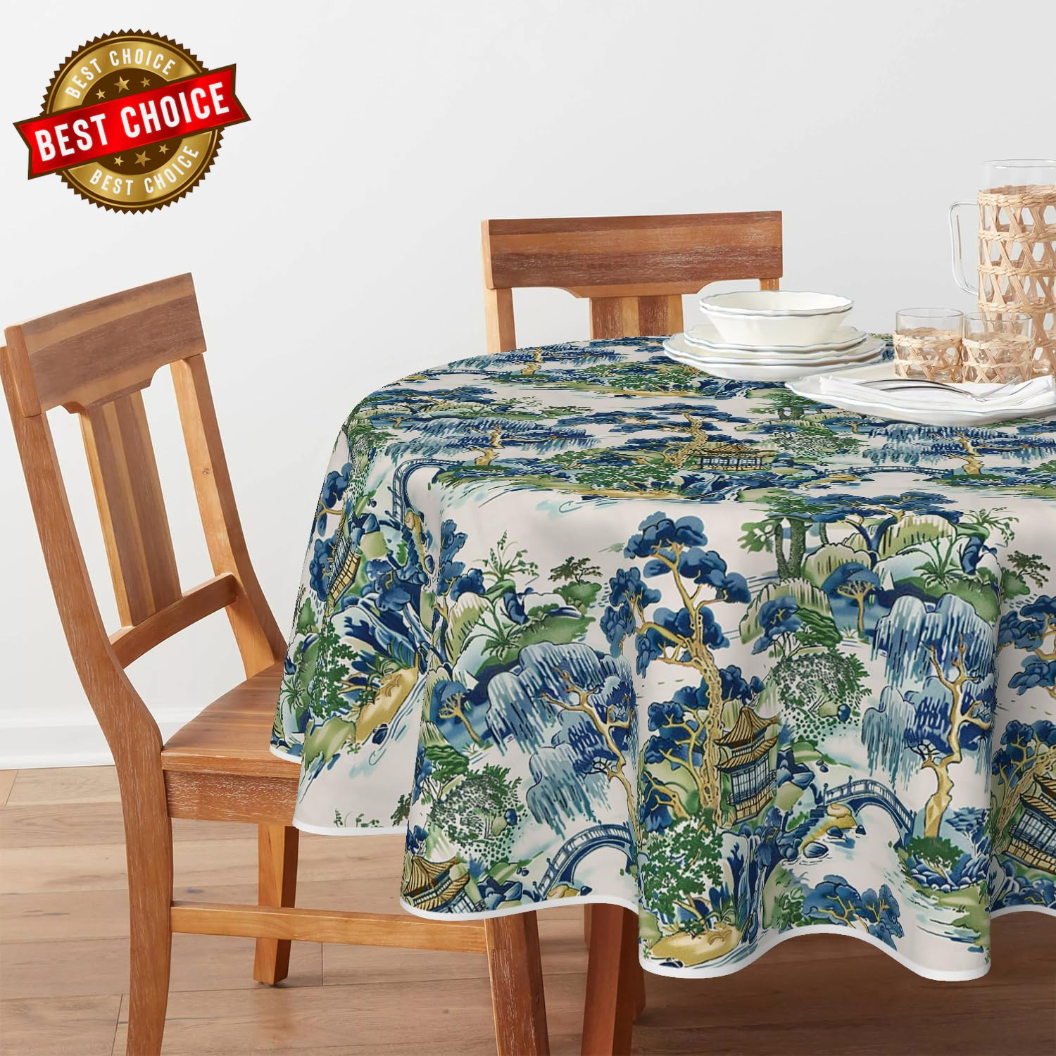 Decorativear Tablecloth 90×90 Inch Round, Seasonal House Trees Vintage Style Mou gallery