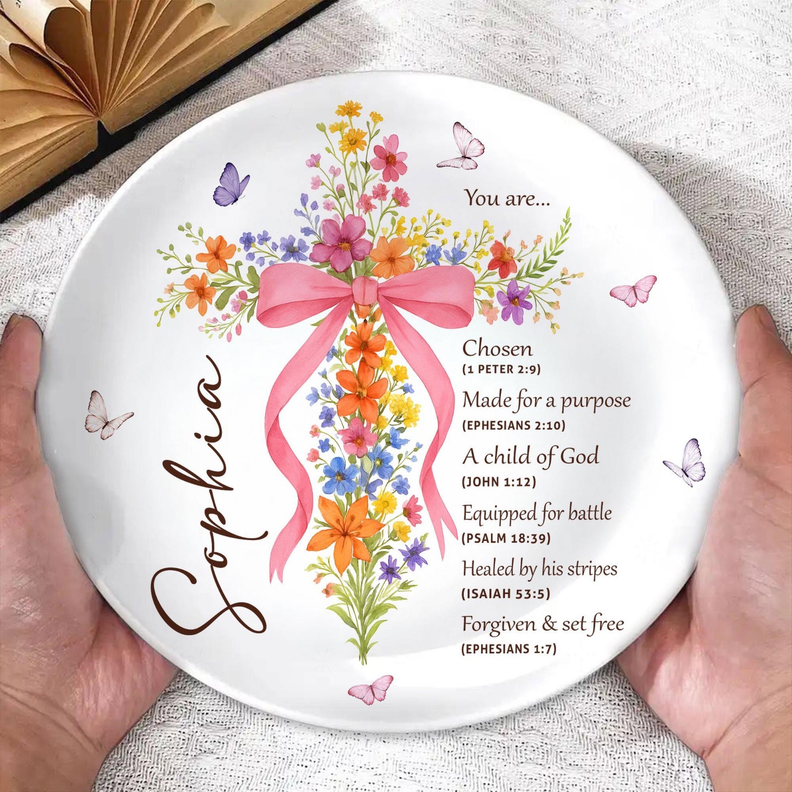 Personalized Bow Cross Christian Baptism Plastic Plate Gift Baby Girl Custom Art gallery