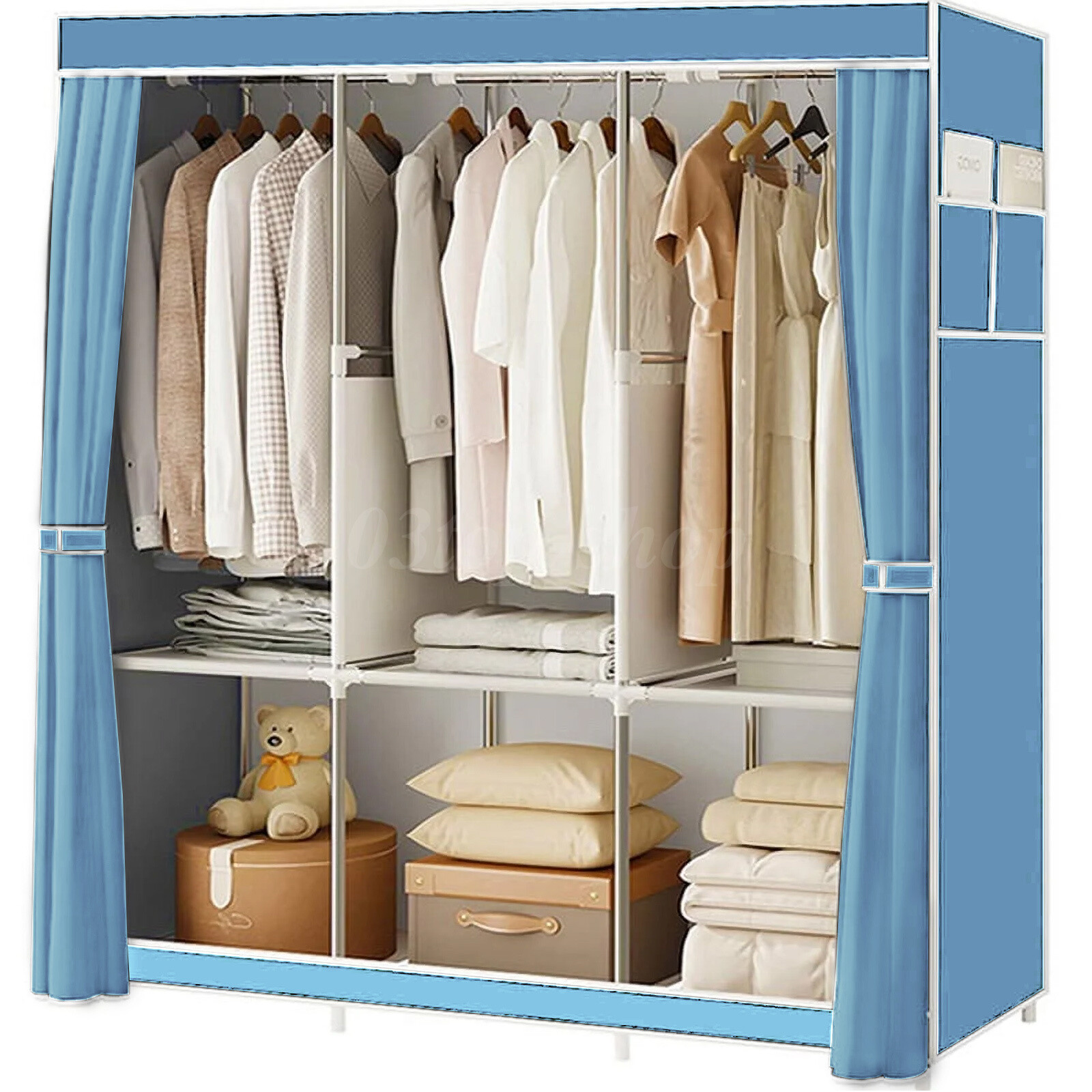 Design Portable Closet Wardrobe Clothes Rack Storage Organizer Shelf Sky Blue US gallery