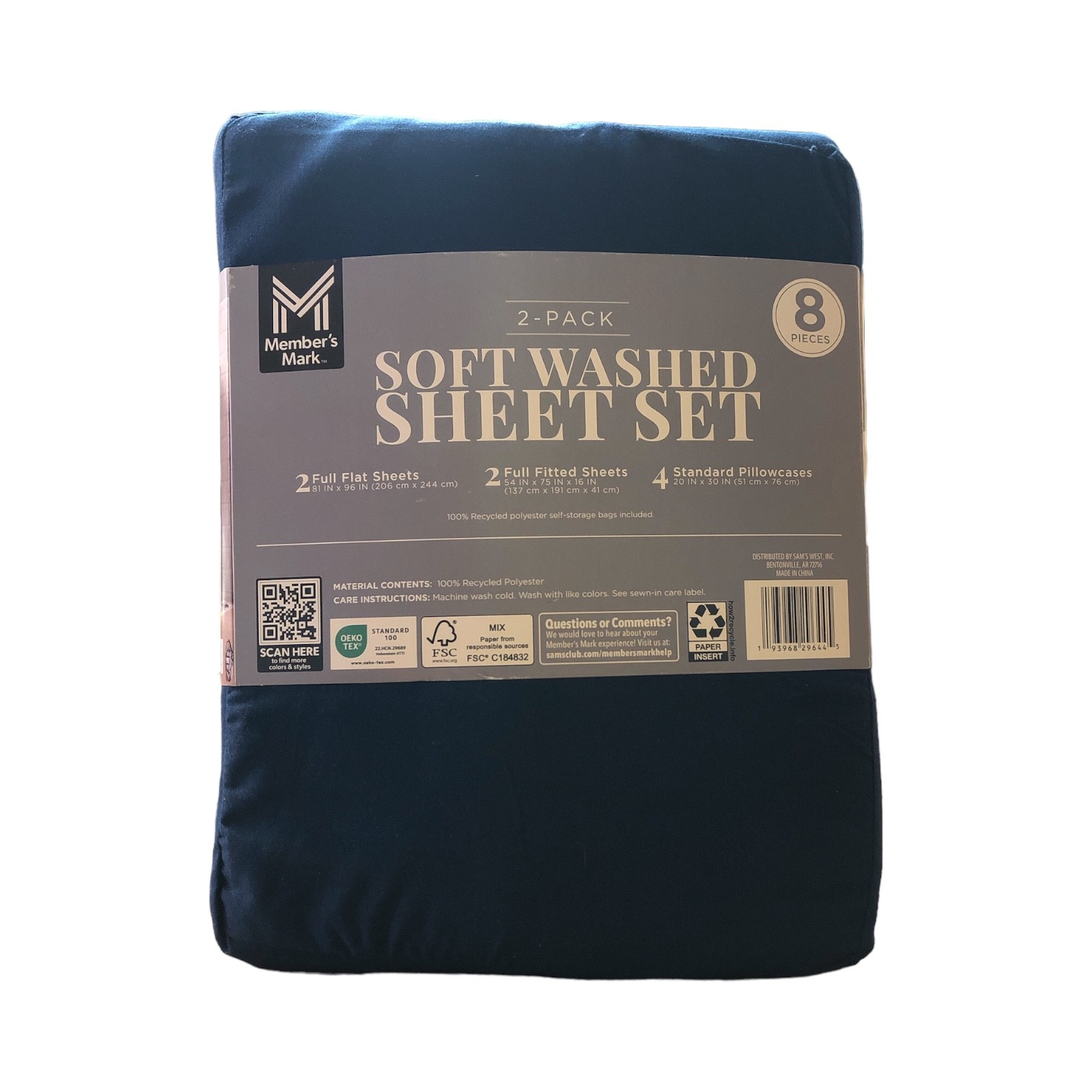 Member's Mark 8-Piece Soft Washed Sheet 2 Pack (Navy, White/Blue Plaid, Full) gallery