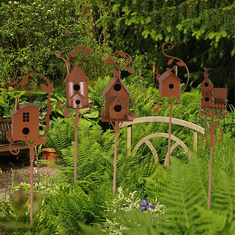 Metal Birdhouse Art Stake Outdoor Rustic Bird House Stand Garden Yard Decor gallery