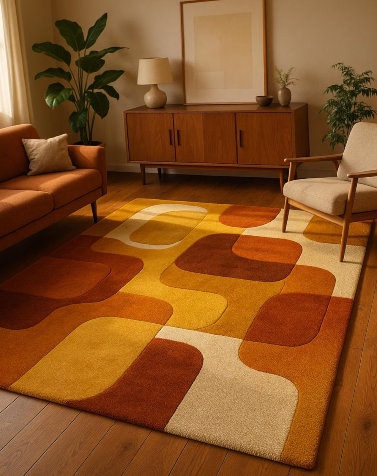Mid Century Modern Wool Rug | Retro Geometric Area Rug | Burnt Orange Mustard gallery
