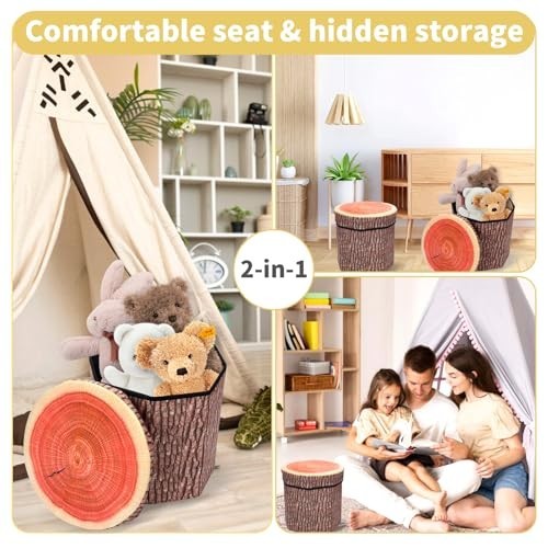 Multifunctional Round Storage Ottoman Cube, Tree Stump Stool, Foldable Toy Box, gallery