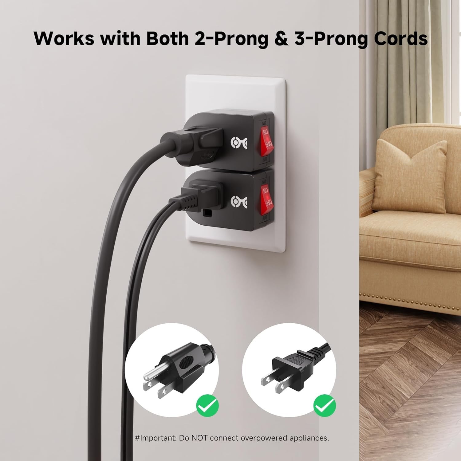 3 Pack Grounded Outlet With ON Off Switch Single Plug In Power Button Black NEW gallery