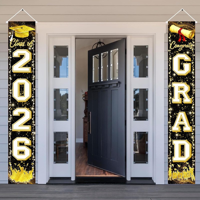 Black Gold Graduation Decorations Class of 2026 Congrats GRAD Porch Sign Banner gallery