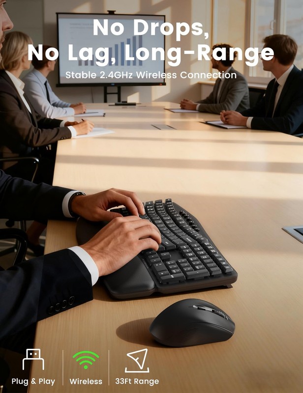 Ergonomic Wireless Keyboard and Mouse Combo, 30dB Quiet Full Size Keyboard Set w gallery