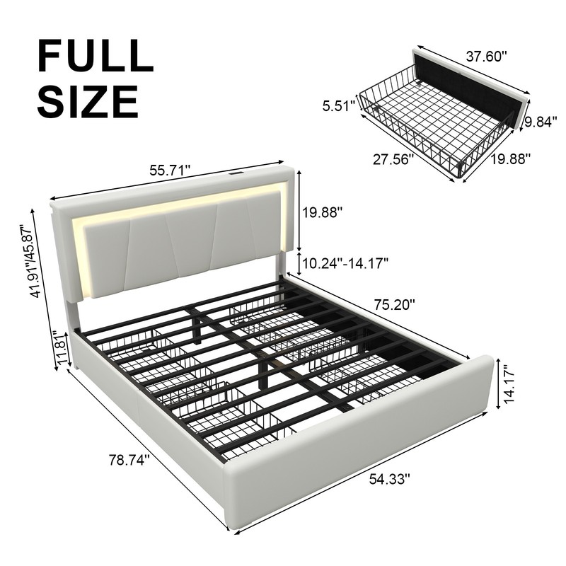 Queen/Full Bed Frame with Upholstered LED Headboard＆4 Storage Drawer, Charging gallery