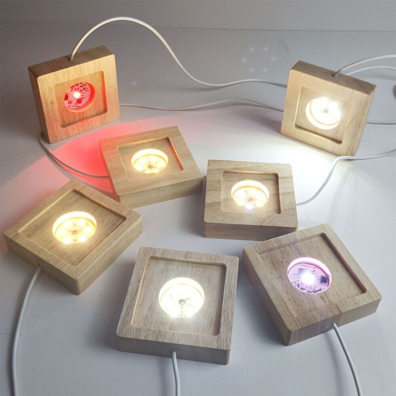 2x USB LED Adjustable Light Square Solid Wood Base Holder Crystal Craft Display gallery