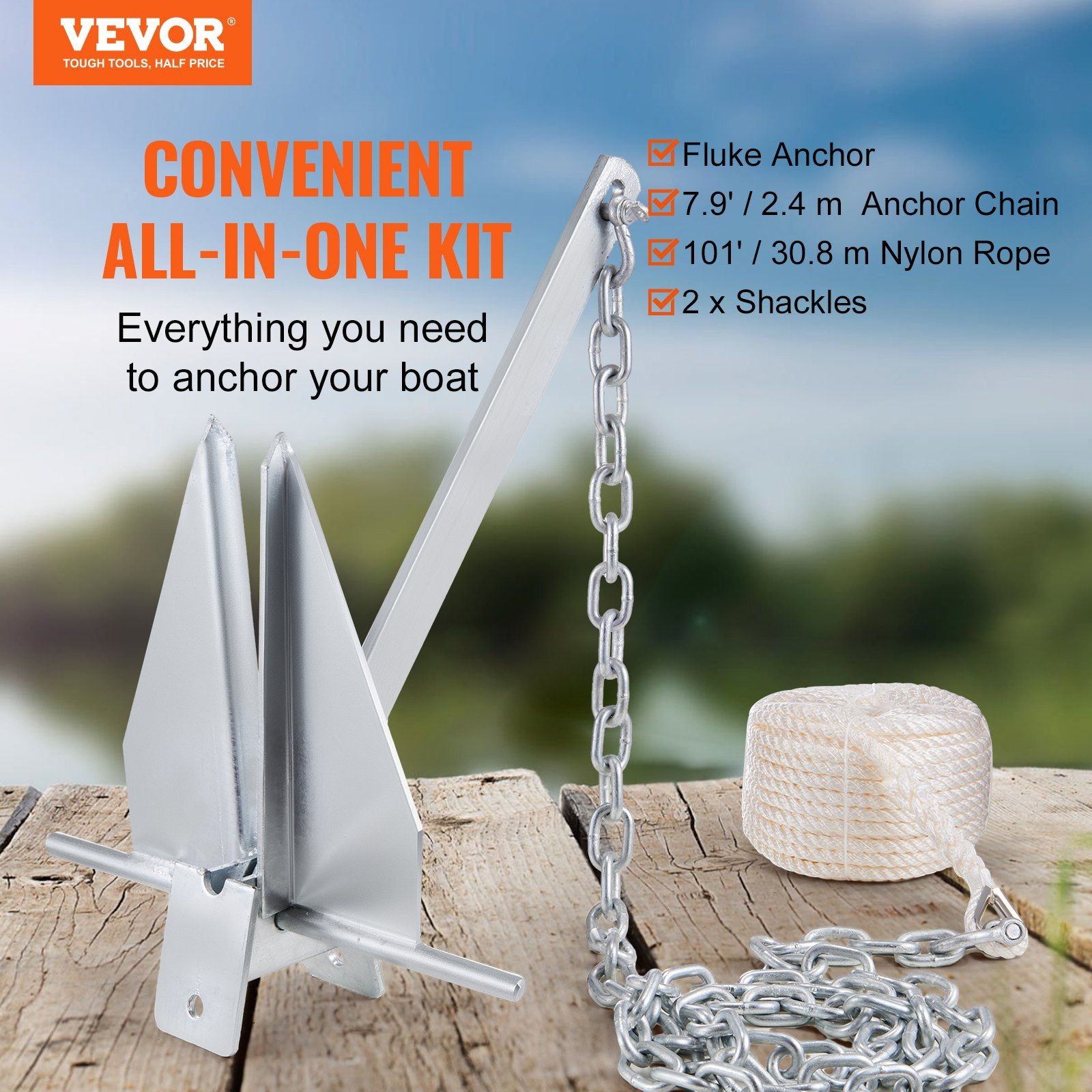 Fluke Style Anchor Kit, 13 LBS Hot - Dipped Galvanized Steel Fluke Anchor with gallery