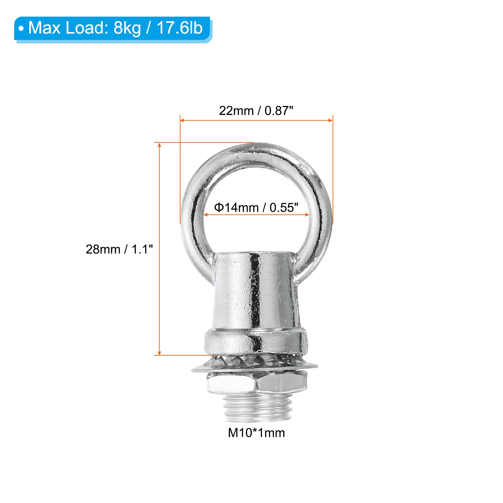 3set 8kg M10 Thread Lifting Eye Nut Female Loop Holder 14mm Hook Ring Silver gallery
