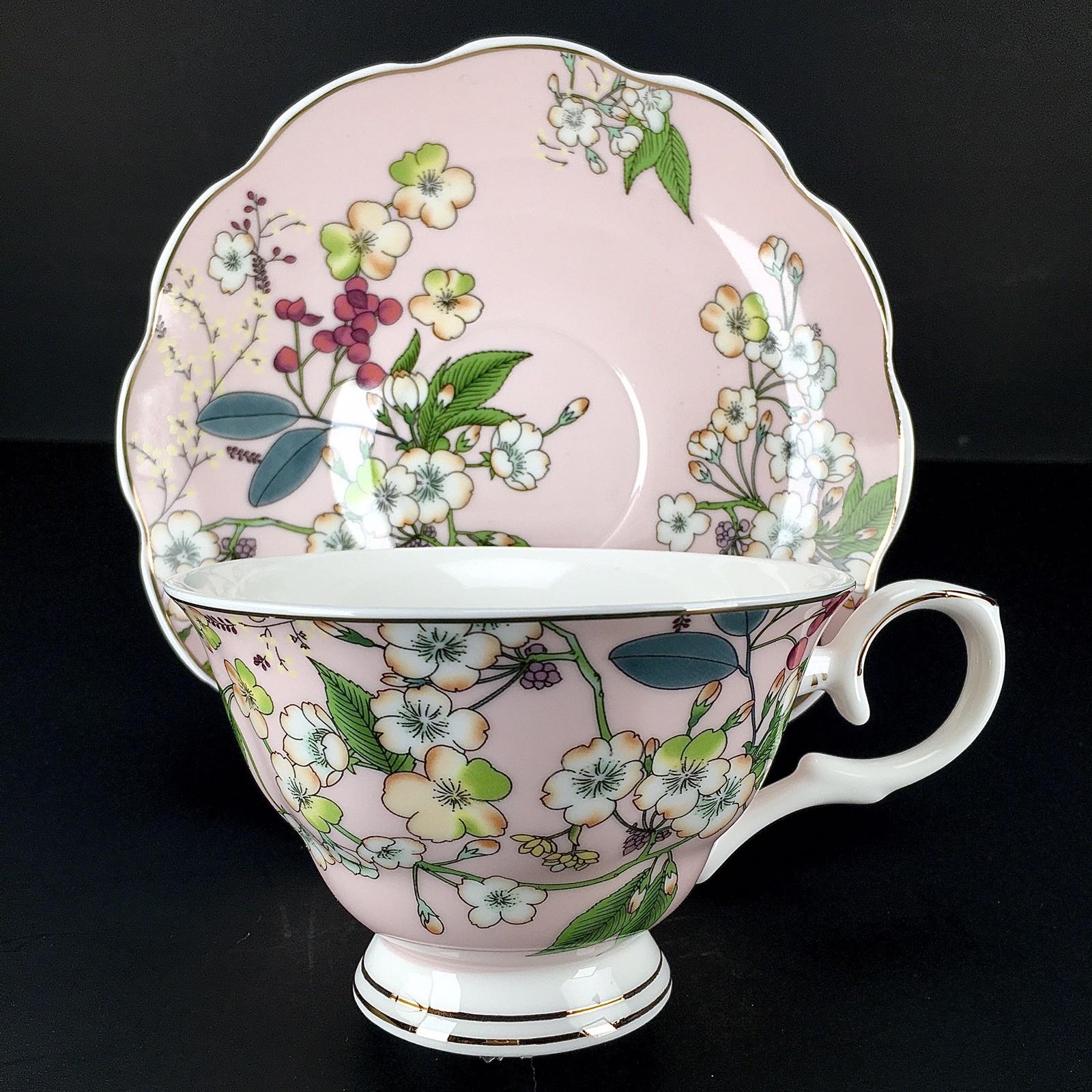 Grace Teaware Floral Teacup & Saucer Set Pink Blue Gold Trim 7 oz - Brand New gallery