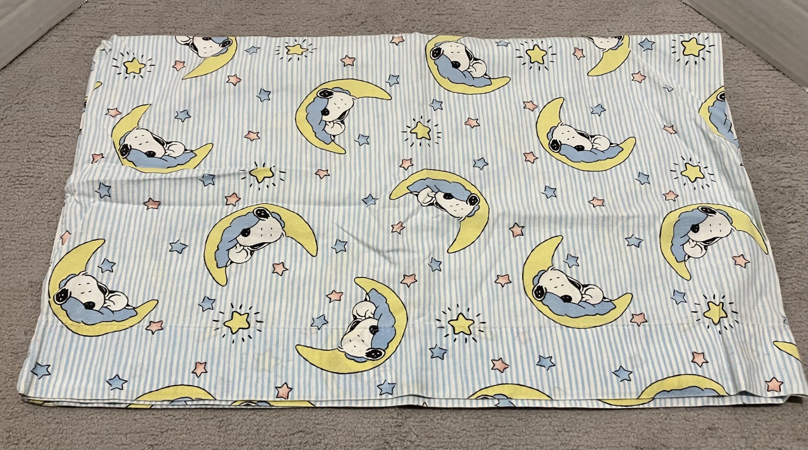 Handmade Snoopy Pillowcase Moon & Stars Blue Yellow Stripe Cotton 26x21 gallery