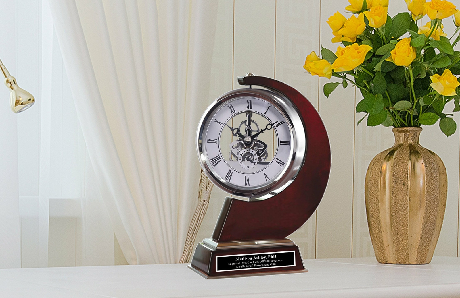 Luxurious Rotating Engineering Gear Display Desk Clock Aluminum Metal Gift Wood gallery