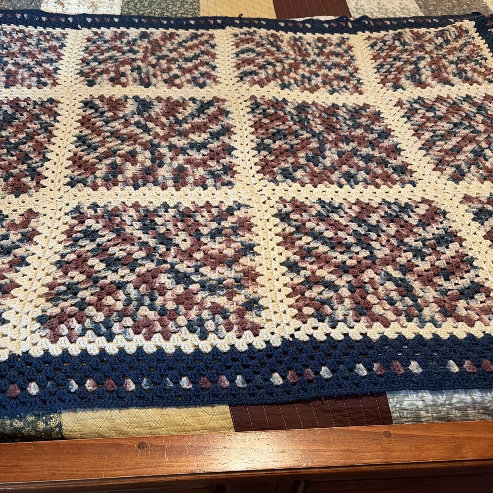 Handmade Vintage Large Crocheted Afghan 45”x63 Purple And Blues Item#1025 gallery