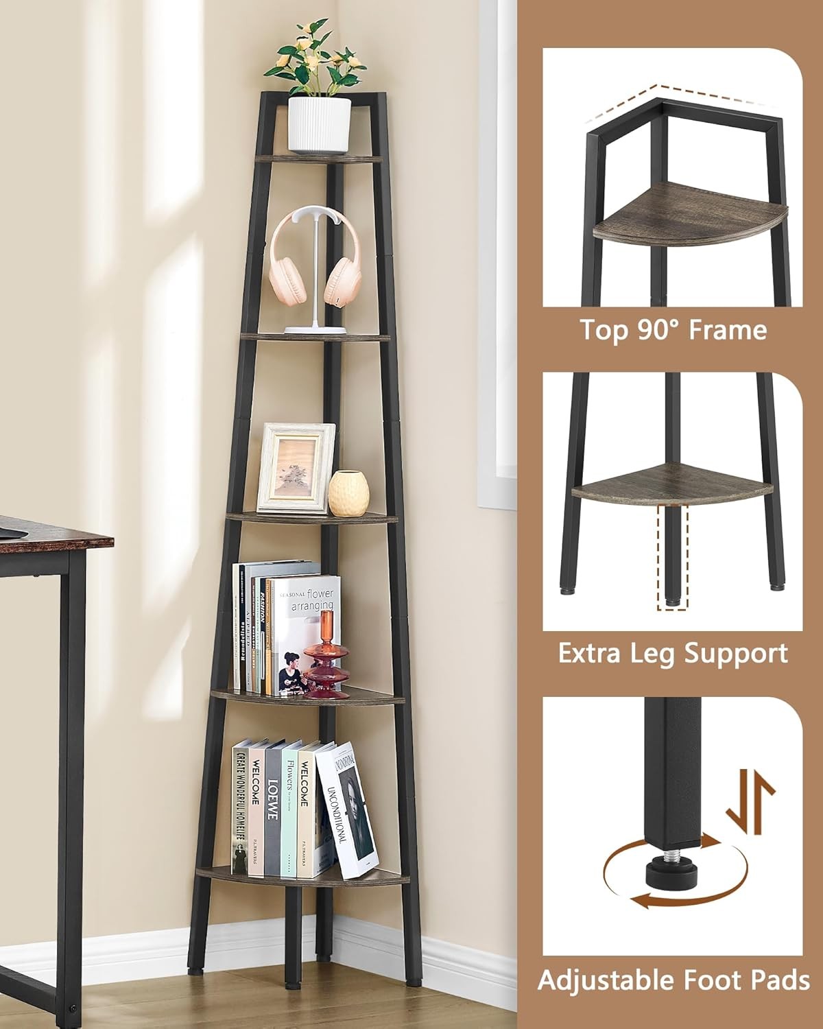 Hoctieon Corner Shelf 5 Tier Corner Bookshelf Rustic Grey gallery