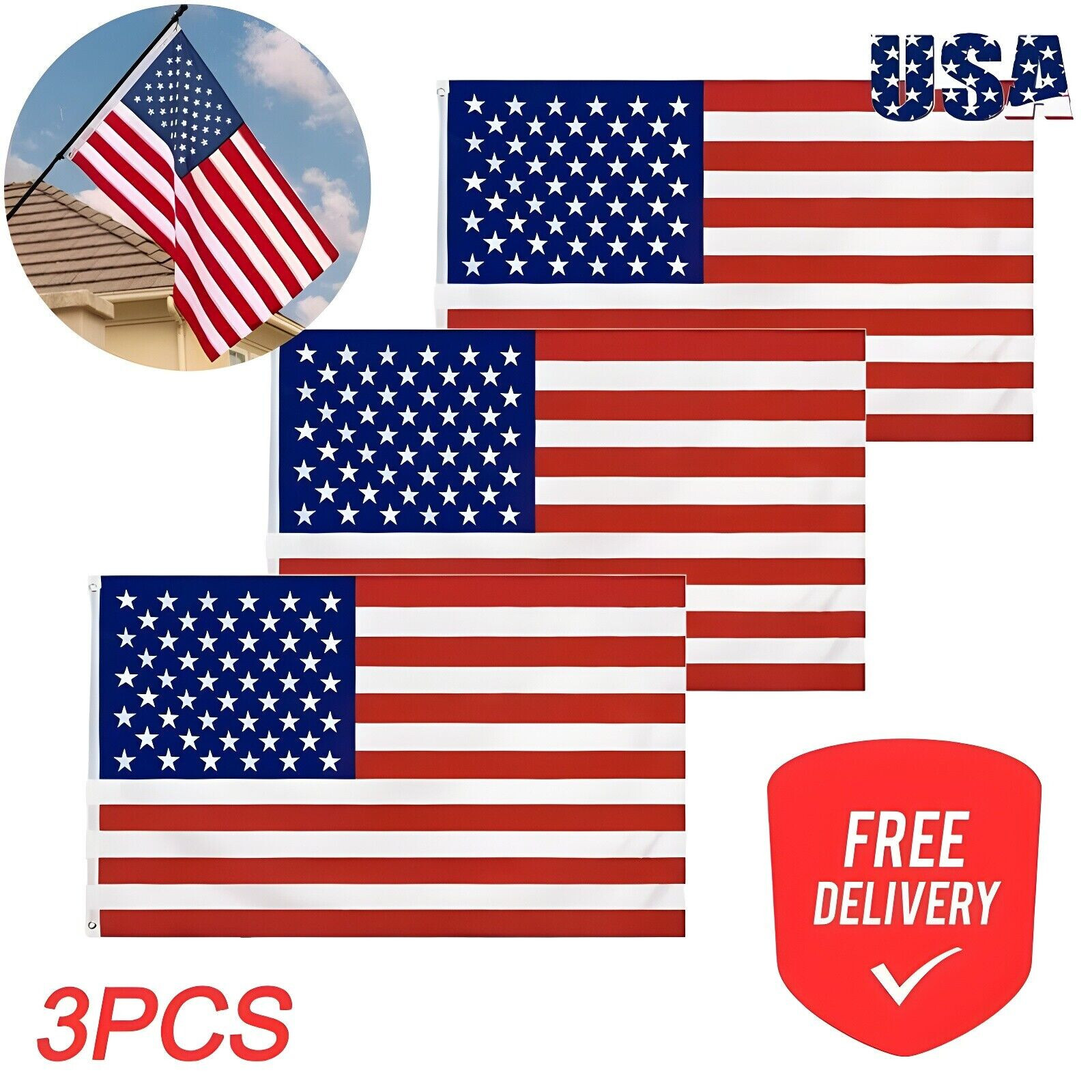 3PCS 3' x 5' FT USA US U.S. American Flag Polyester Stars Brass Grommets gallery