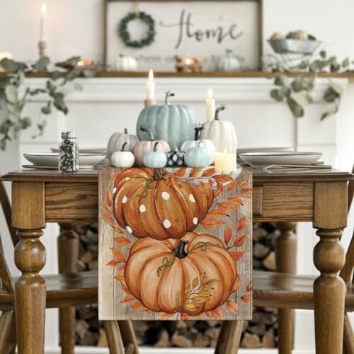 Polka Dot Pumpkin Eucalyptus Wood Fall Table 13" x 48", Table Runner Orange gallery