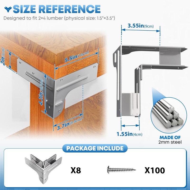 8 PCS Galvanized Steel Workbench Corner Bracket Kit - Heavy Duty 2x4 Shelf Brack gallery