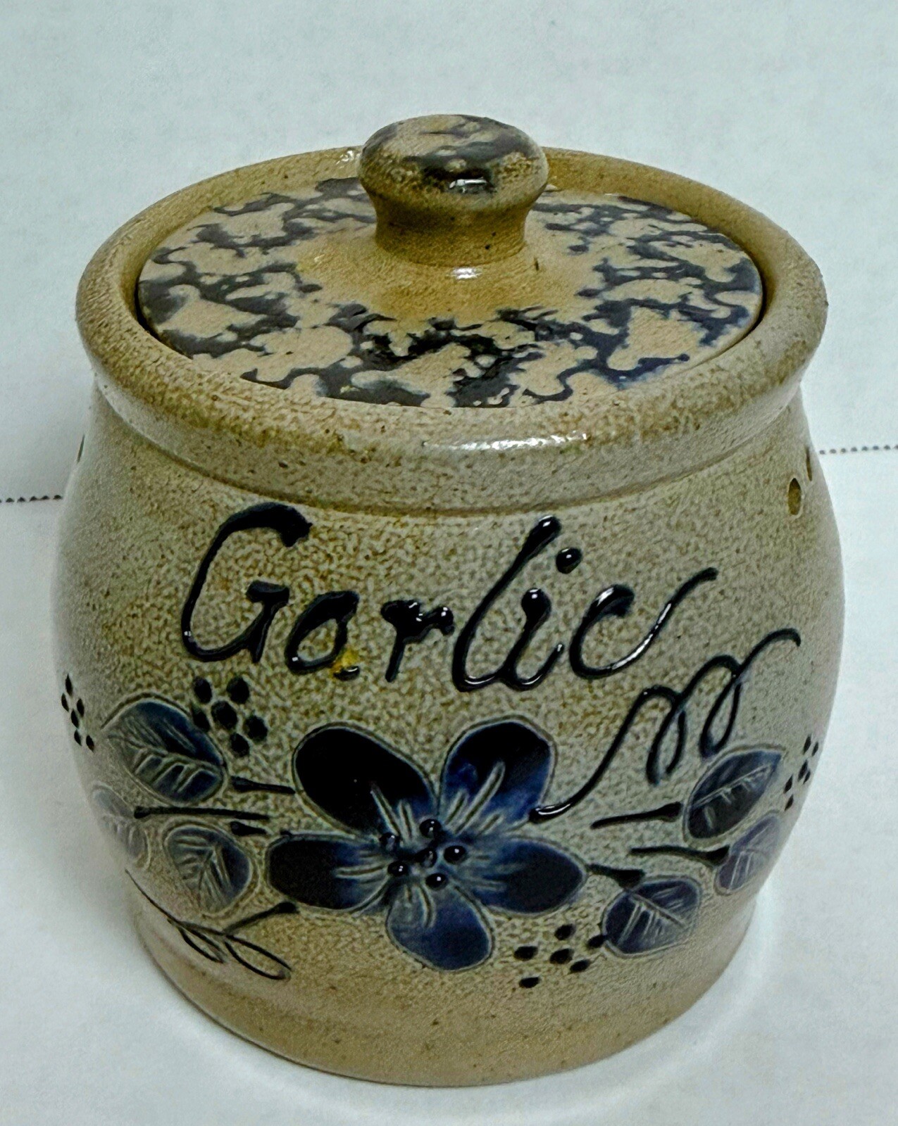 Eldreth Vintage Salt Glaze Garlic Keeper Brown And Blue Earth Tones READ - R gallery