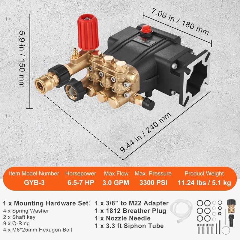 Horizontal Triplex Pressure Washer Pump, 3/4" Shaft, 3300 PSI, 3.0 GPM, Replacem gallery