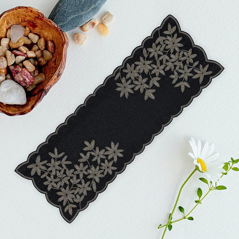 Handcrafted Beaded Table Runner Gold 36 Centerpiece Gold Floral Black 13 gallery