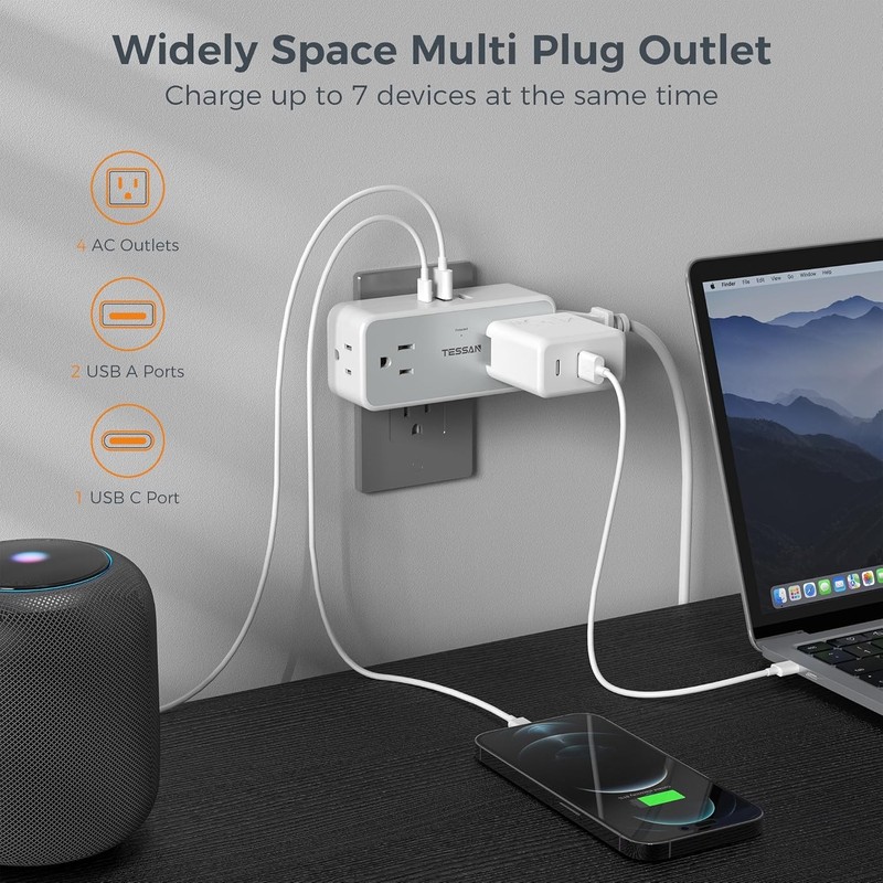 4 Wall Outlet Extender with 3 USB Charger(1 USB C) Surge Protector Plug Expander gallery
