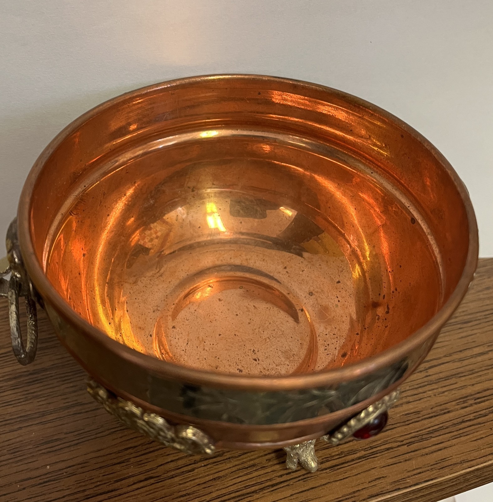 Small footed copper and brass ritual offering bowl Buddhist 3" tall flaw gallery