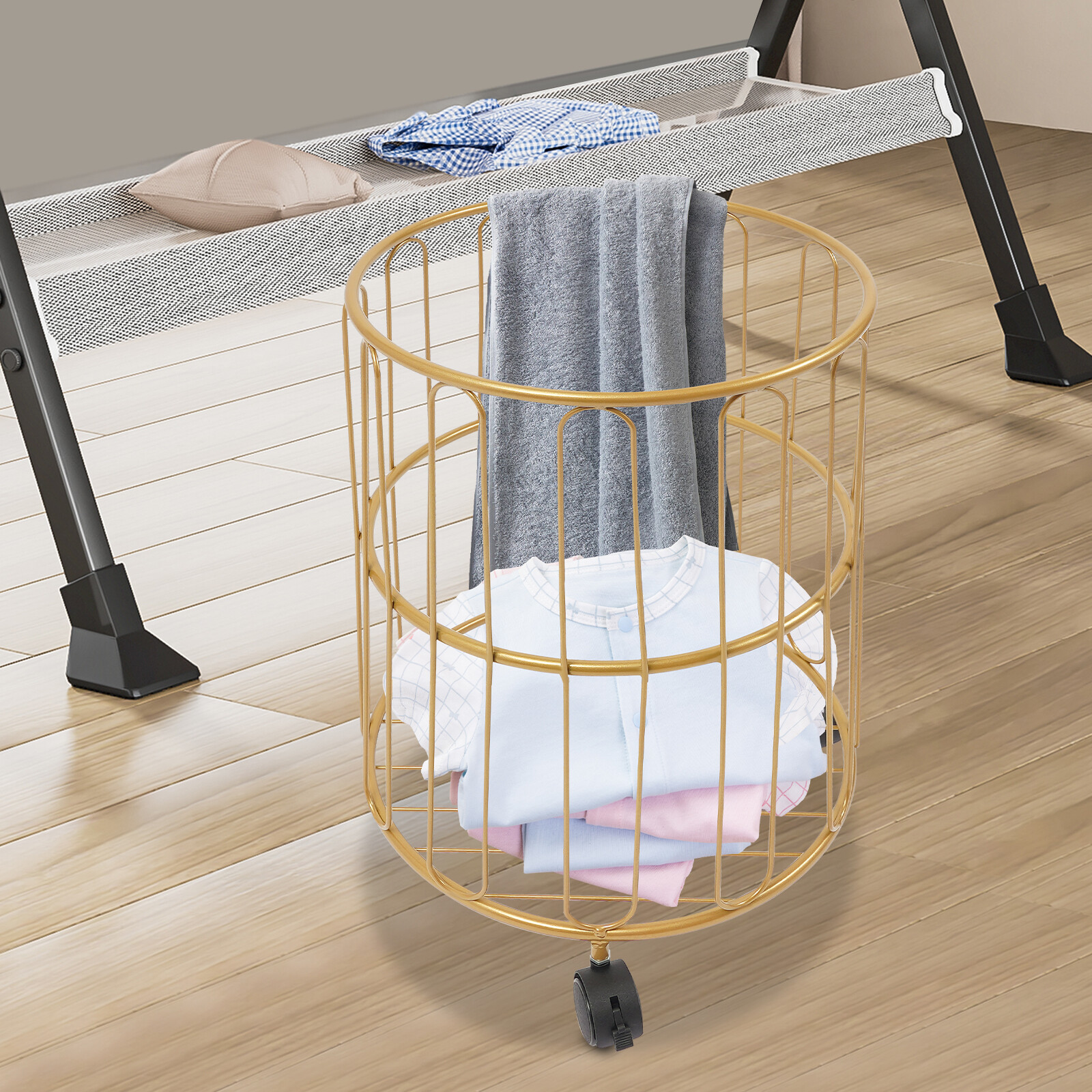 25kg Load Rolling Laundry Basket, Iron Laundry Basket Cart, Round Laundry Basket gallery