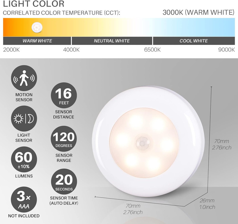 STAR-SPANGLED 6 Pack 2.8” Motion Sensor Lights Indoor AAA Battery Operated, Stic gallery