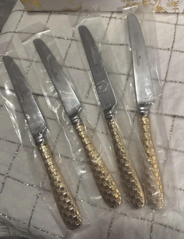 4 Pcs Mackenzie Childs Gold Plated Check Dessert Knife Set New In Box gallery