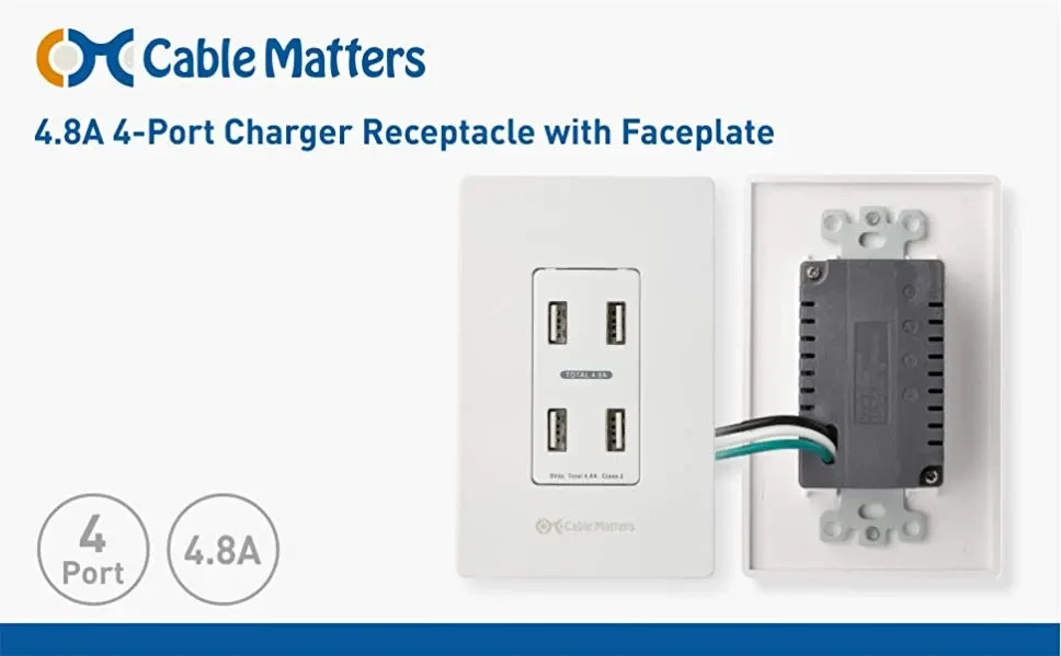 Cable Matters 4.8A 4-Port USB Type A Charger Receptacle 125VAC 60Hz 0.5A gallery