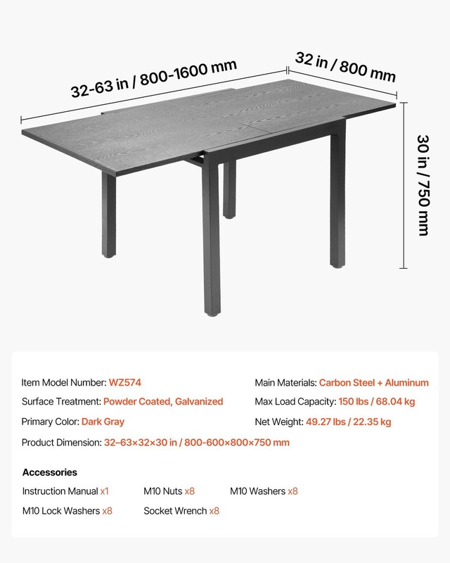 Adjustable Outdoor Rectangular Table 32-73in Seating 6 Durable Gray gallery
