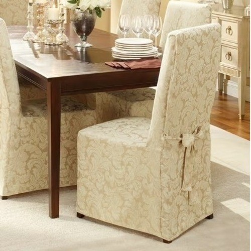 SureFit Long Dining Chair Slipcover Scroll Champagne Relaxed Fit 1 Piece New gallery