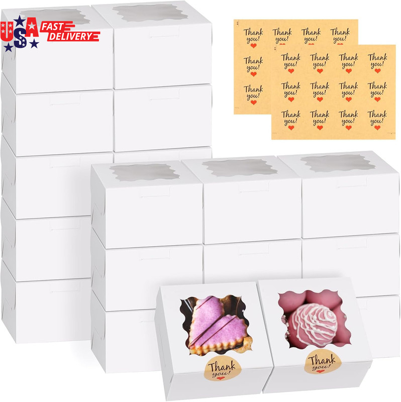 24Pcs White Cookie Boxes, 4X4X2.5 Inches Bakery Boxes with Window, for Mini Cake gallery