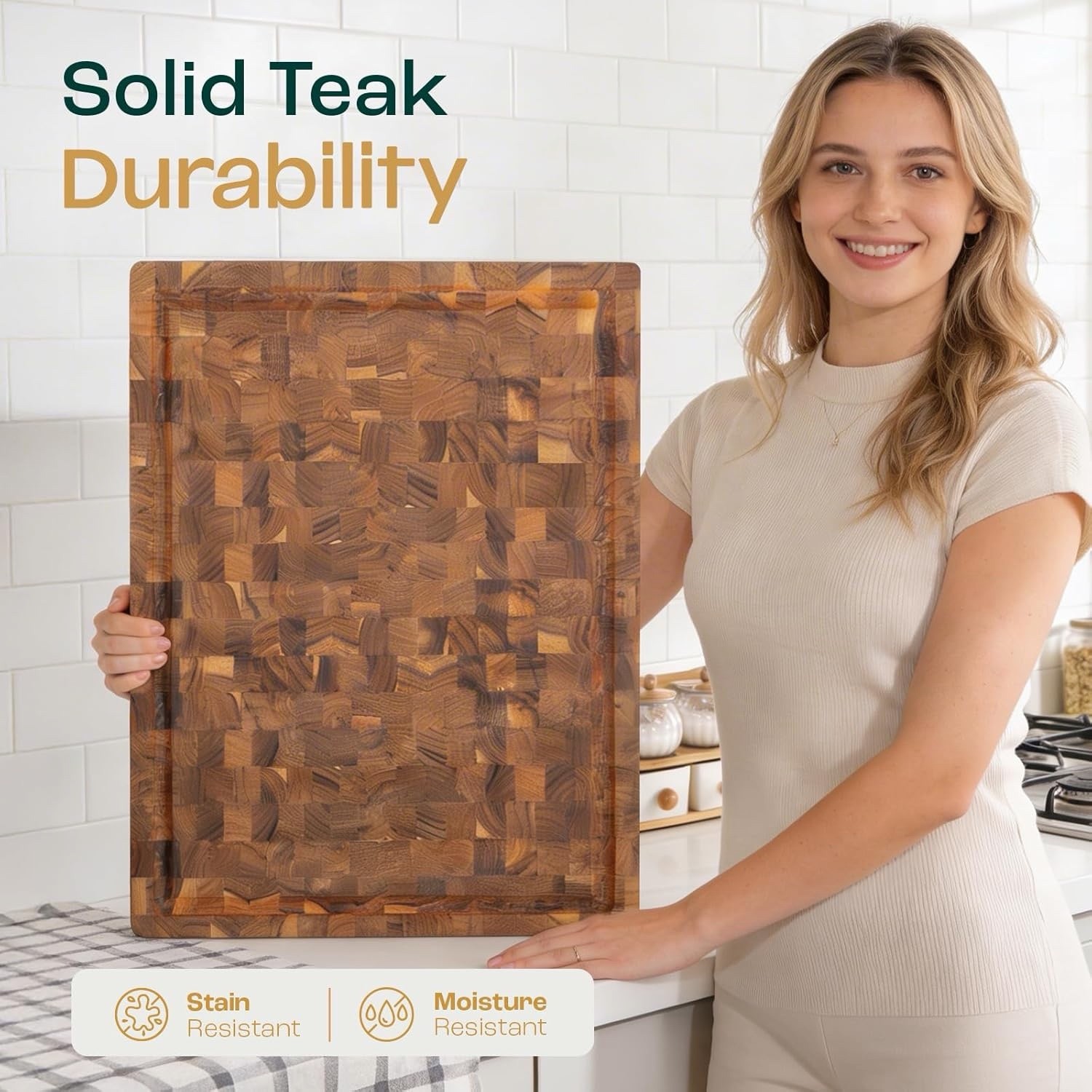 Yes4All 24”x18”x1.5” Extra Large End Grain Teak Cutting Board W/ Juice Groove gallery