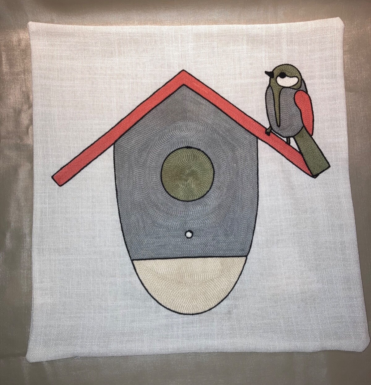 Bird & house embroidered  accent pillow case on textured linen like. 18”L x 18”W gallery