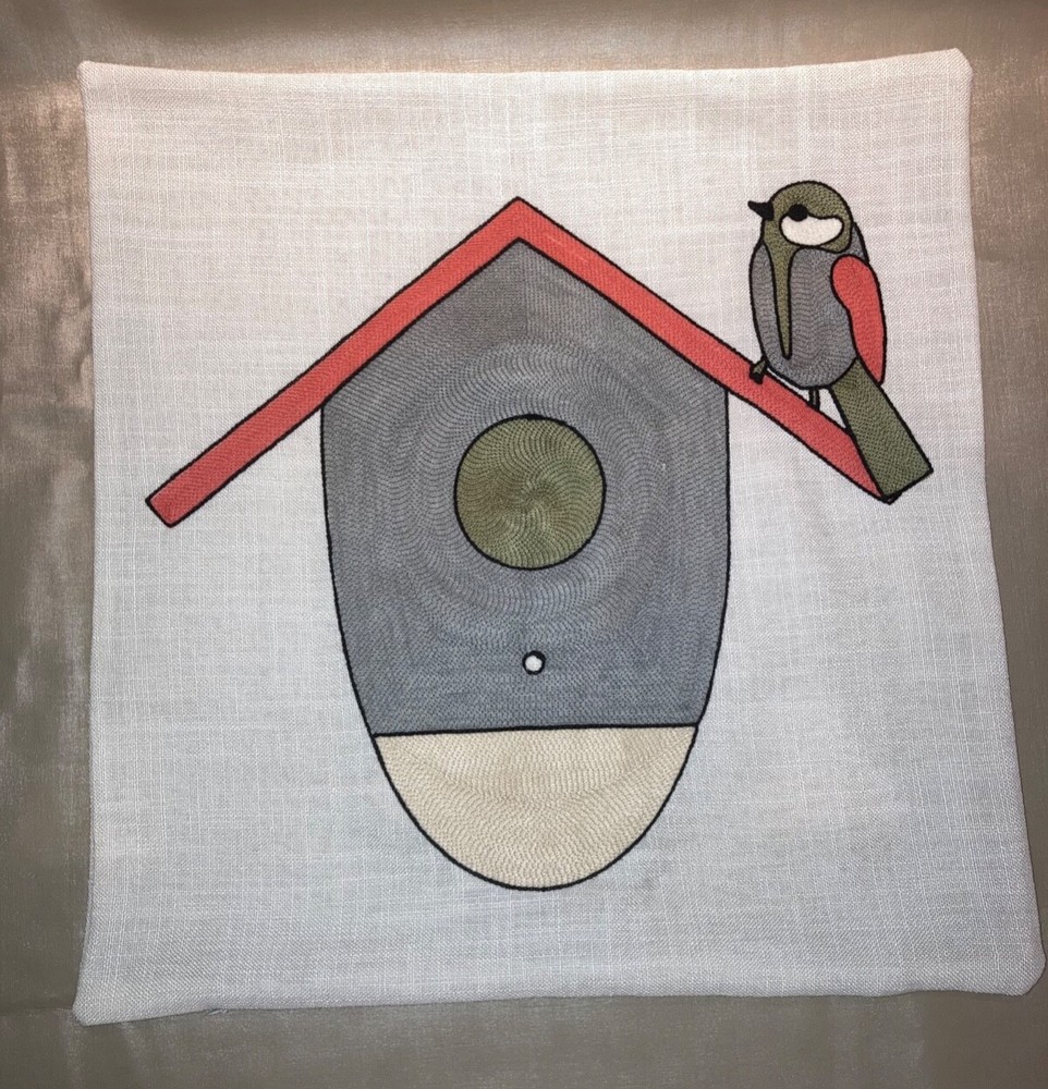 Bird & house embroidered  accent pillow case on textured linen like. 18”L x 18”W