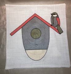 Bird & house embroidered  accent pillow case on textured linen like. 18”L x 18”W