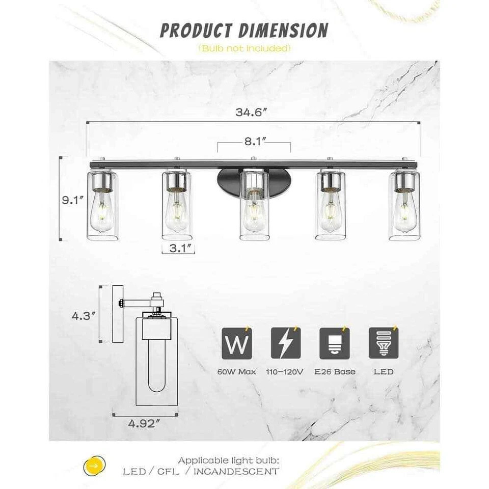JAZAVA 34.6 in. 5-Light Over Mirror Bathroom Vanity Light Black/Chrome Finish gallery