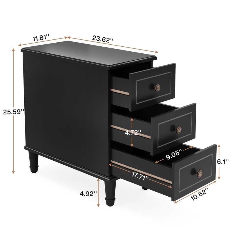 Solid Wood End Table, Fully Assembled Narrow Side Table with 3 Drawers Black gallery