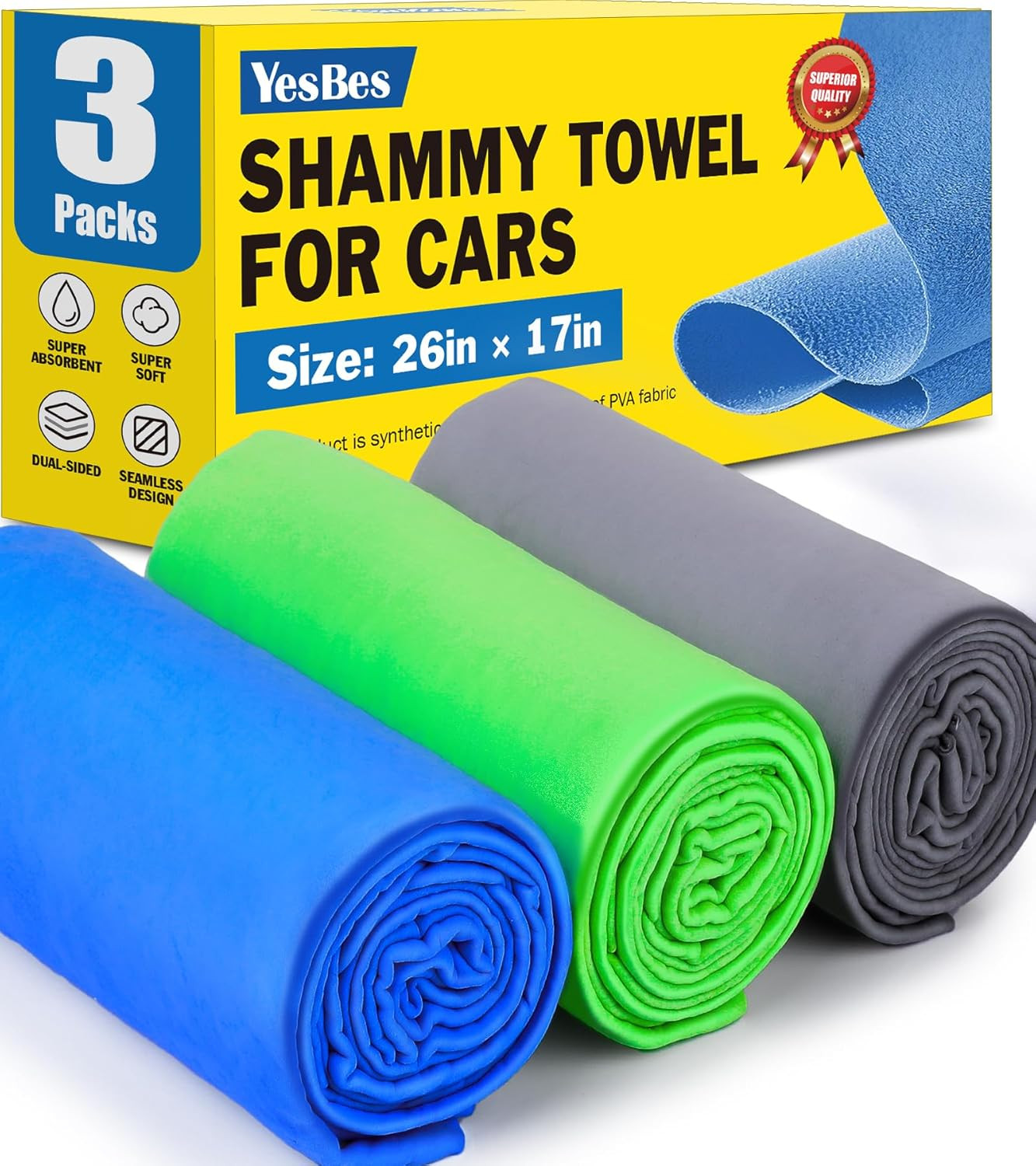 3 Pack Premium Shammy Cloth for Car Drying, 26”X17” Chamois Towel for Car, Super gallery