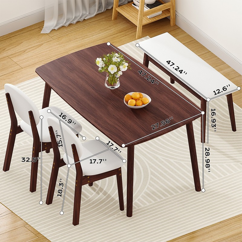 4 Piece Dining Table Set Solid Rubber Wood 2 Padded Chairs Bench Walnut Kitchen gallery