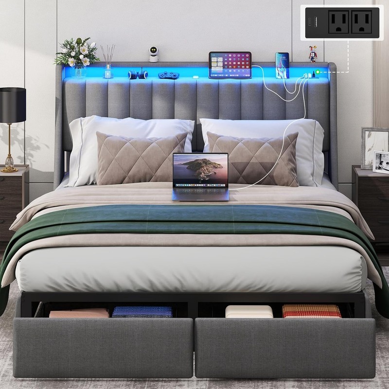 Full Queen Storage Bed Frame with LED Light,Upholstered Headboard &Charging Port gallery