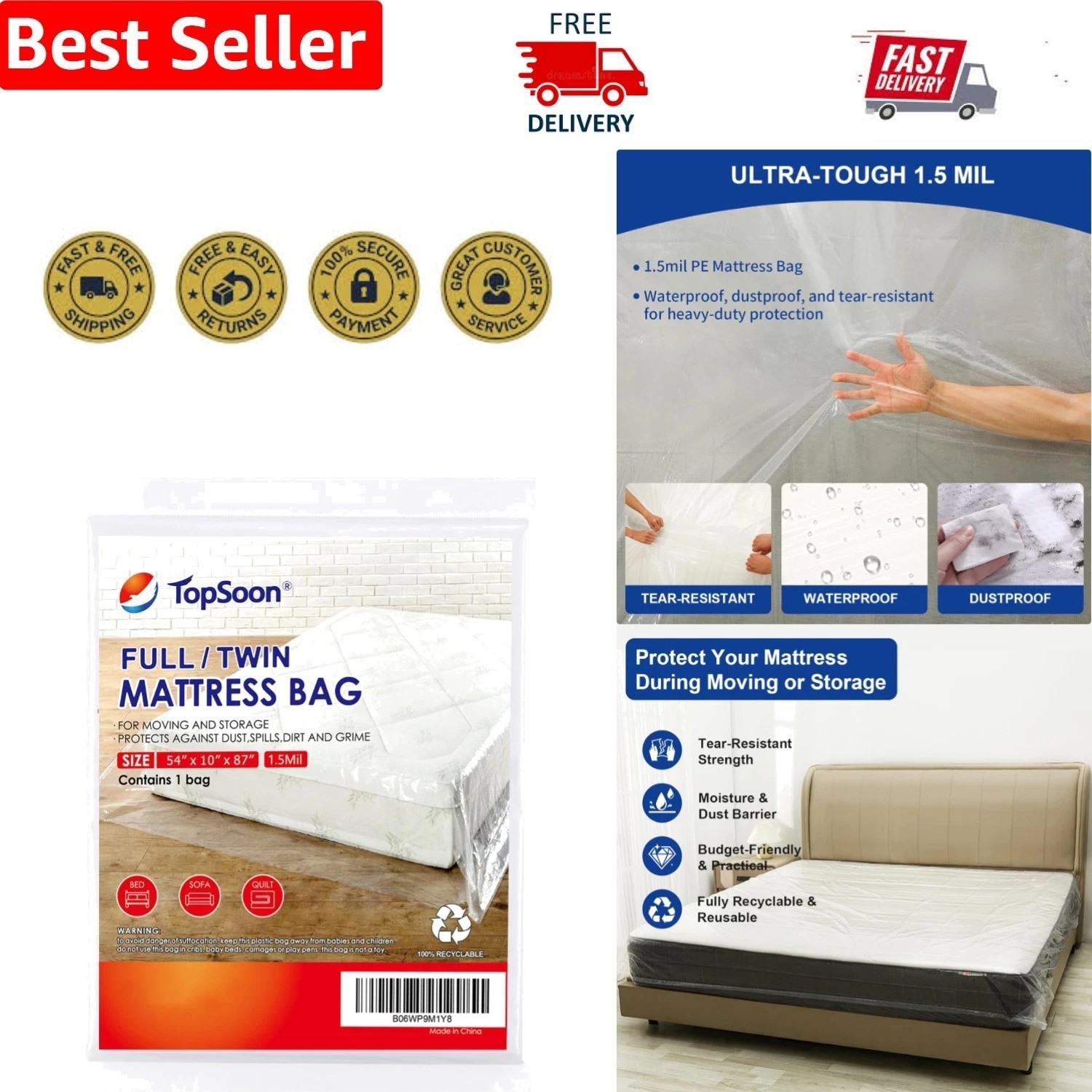 Multi-Purpose Mattress Storage and Disposal Bag - Full/Twin Waterproof Design gallery