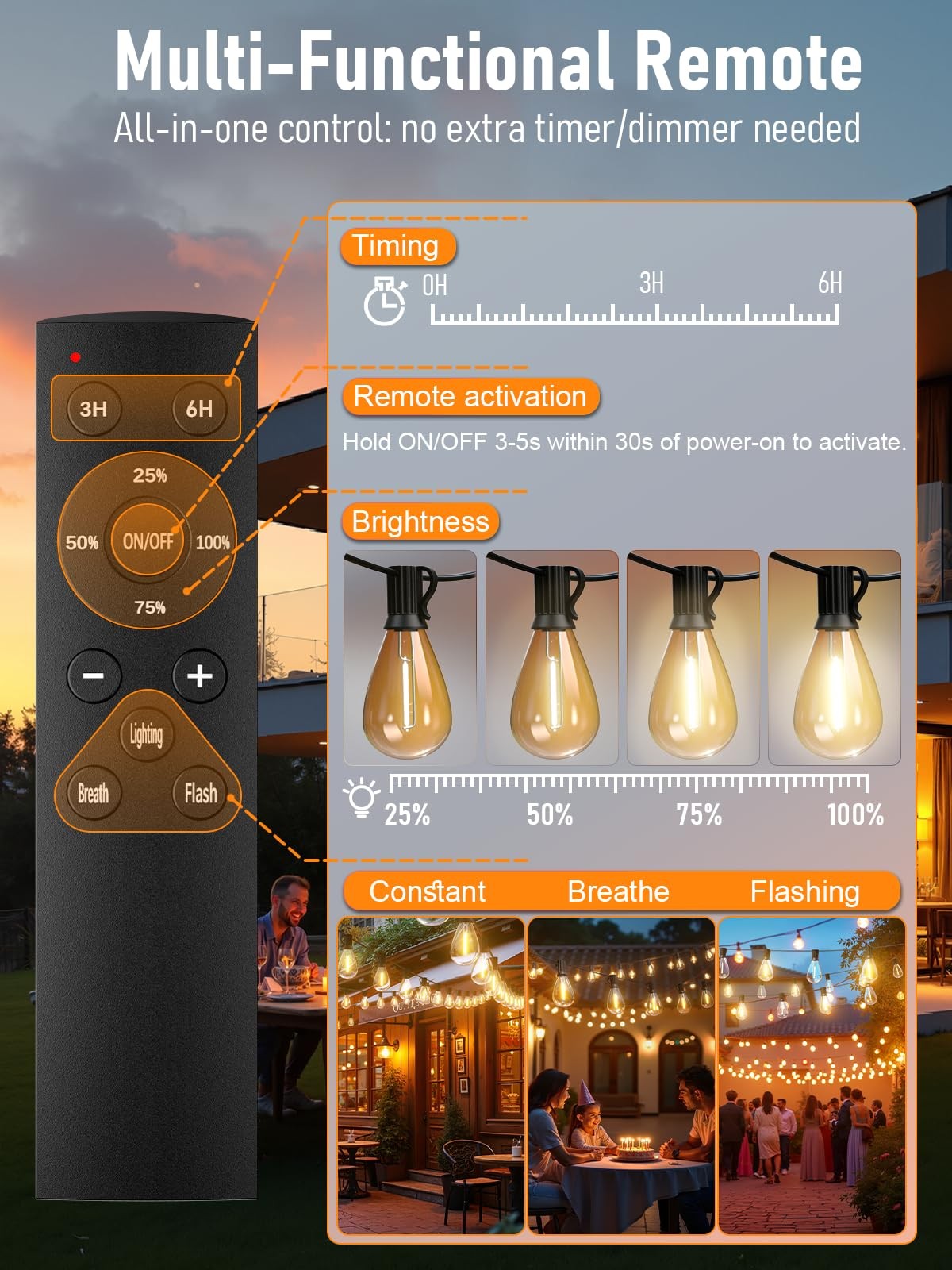 Luckystyle 70FT LED Outdoor String Lights w/ Remote, 24+1 Shatterproof Bulbs gallery