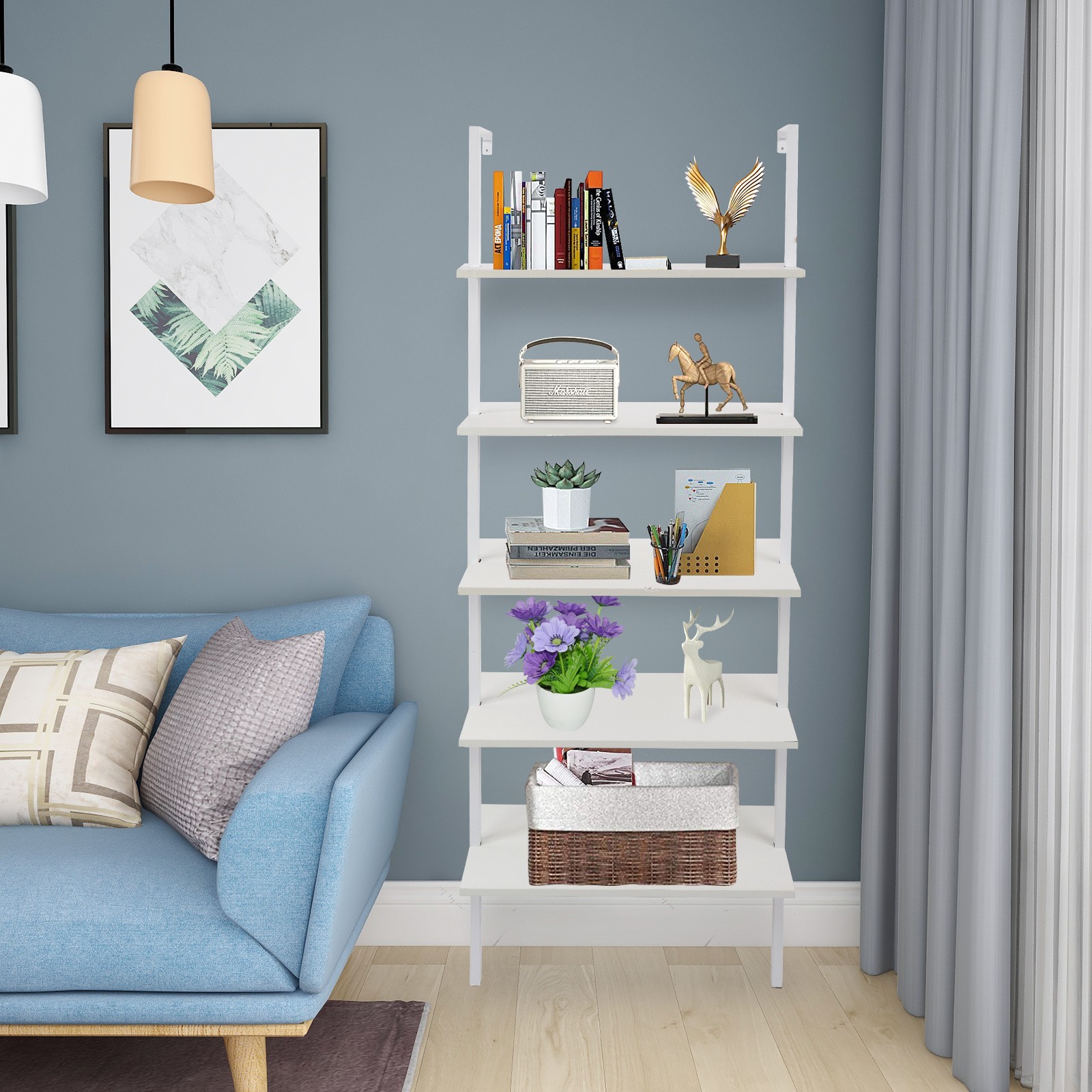 5-Shelf Ladder Bookcase White MDF Metal Frame Industrial 70.87" H gallery