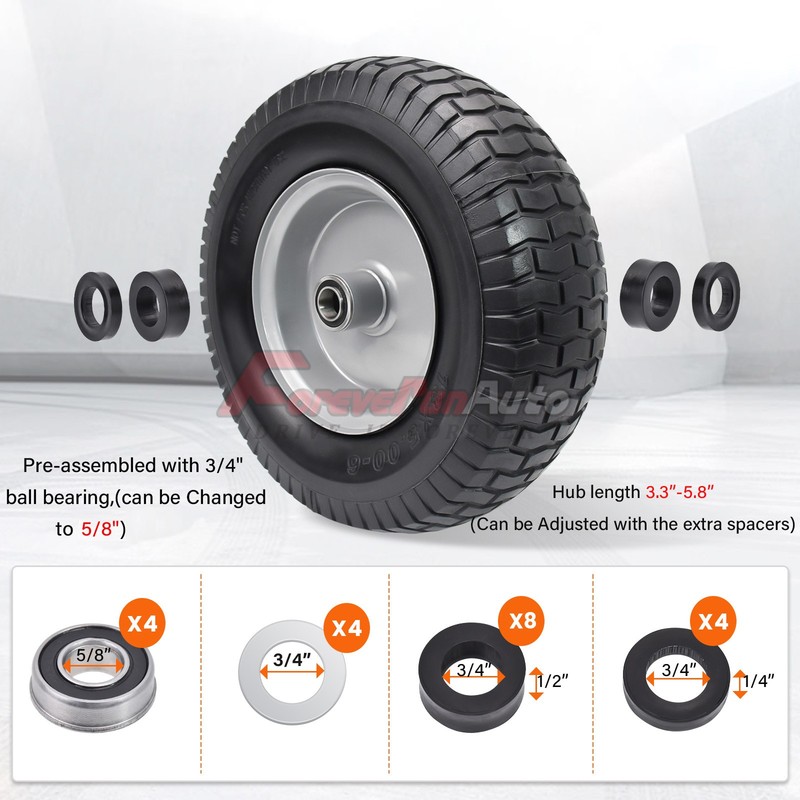 2pcs 13x5-6 Flat Free Tire & Wheel Solid Turf Lawn Mower,3/4" or 5/8" Bearing gallery